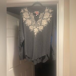 Johnny Was Gray Sweatshirt - size Large. Medium Gray with white embroidery.